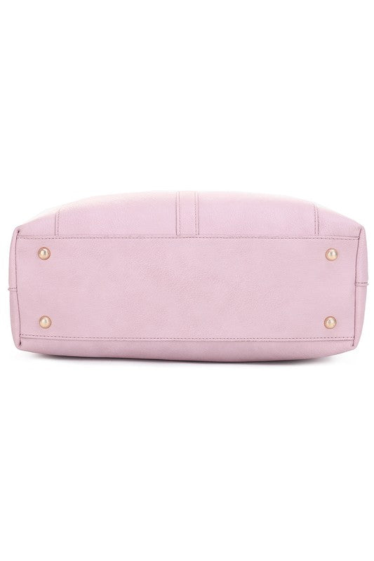 Faux Leather Twist Lock Flap Satchel with Zip Top Closure