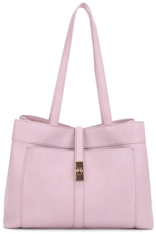 Faux Leather Twist Lock Flap Satchel with Zip Top Closure
