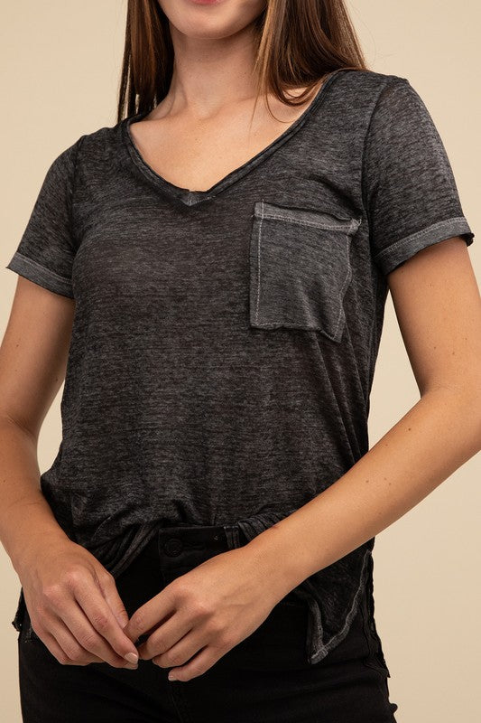 Washed Mélange Burnout Scoop V-Neck Top