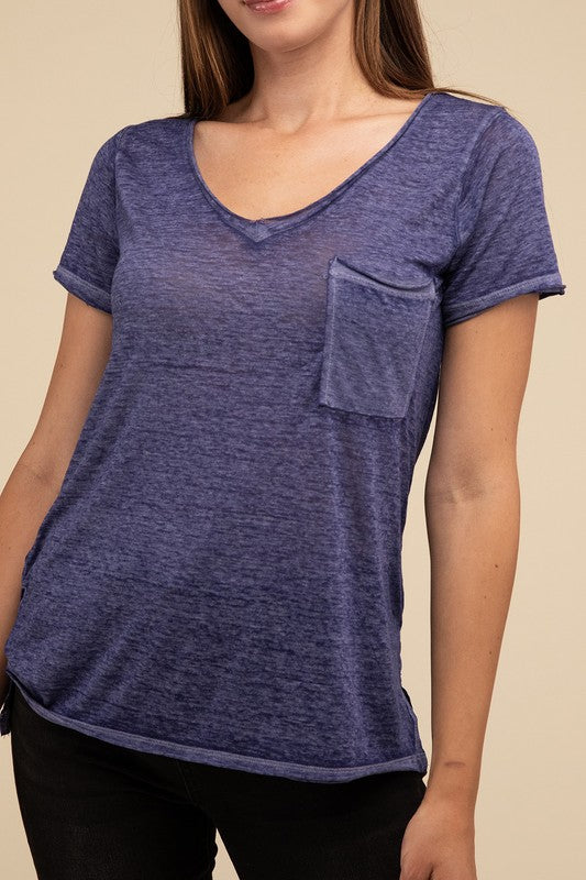 Washed Mélange Burnout Scoop V-Neck Top