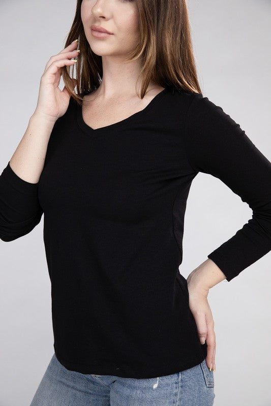 Cotton V-Neck Long Sleeve T-Shirt