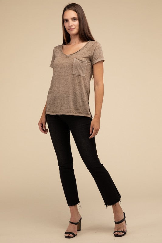 Washed Mélange Burnout Scoop V-Neck Top