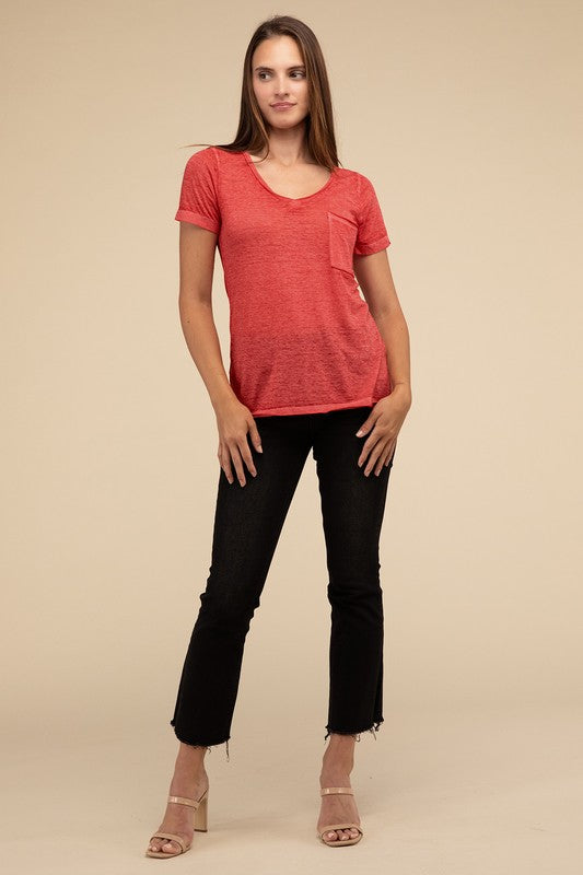 Washed Mélange Burnout Scoop V-Neck Top