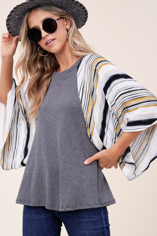 PLUS WAFFLE STRIPE MIX KIMONO TOP