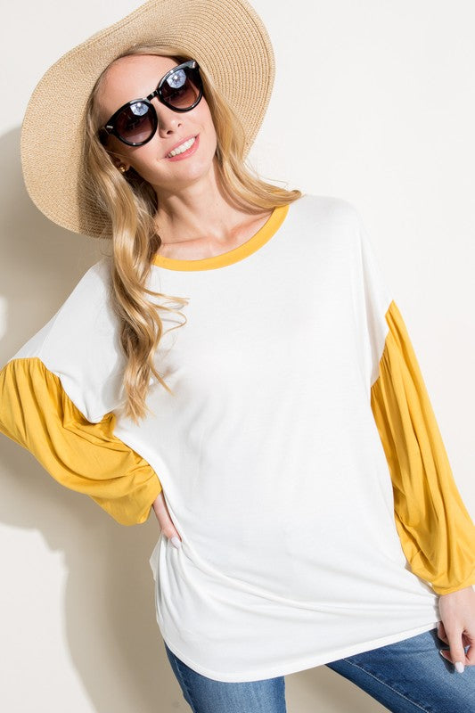 COLOR BLOCK VOLUME PUFF SLEEVE TOP