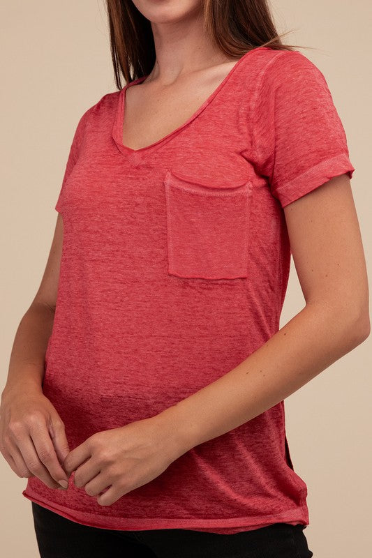 Washed Mélange Burnout Scoop V-Neck Top