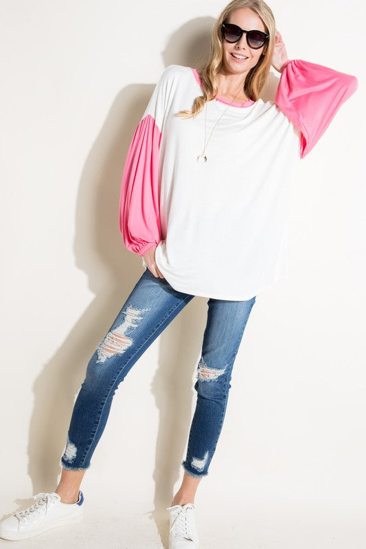 COLOR BLOCK VOLUME PUFF SLEEVE TOP