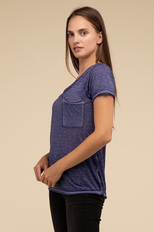 Washed Mélange Burnout Scoop V-Neck Top