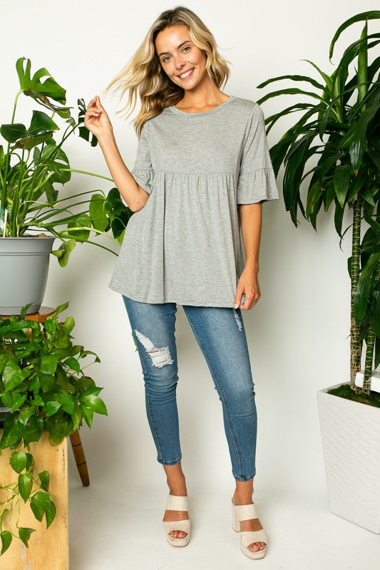 SOLID RUFFLE SLEEVE LOOSE FIT TOP