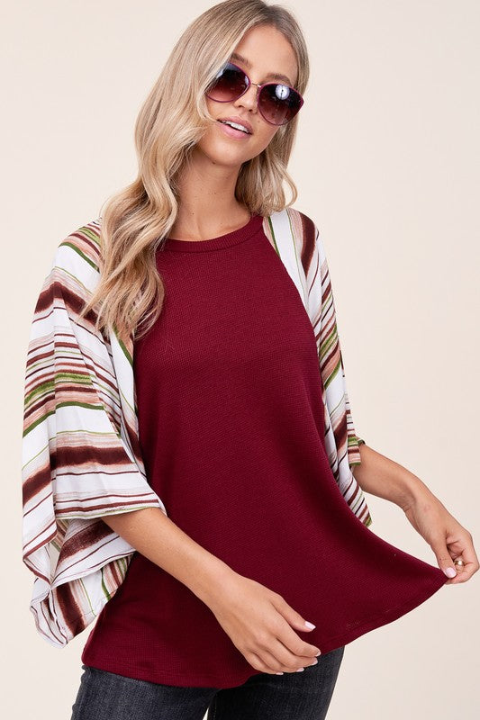 PLUS WAFFLE STRIPE MIX KIMONO TOP