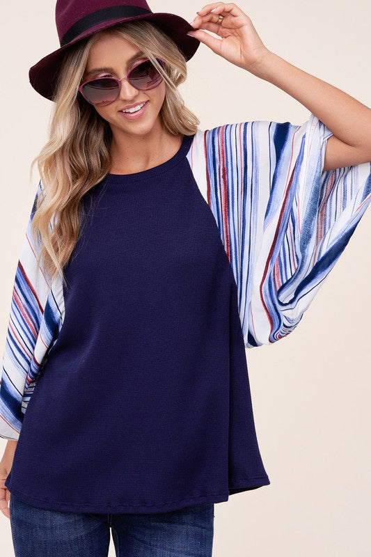 PLUS WAFFLE STRIPE MIX KIMONO TOP