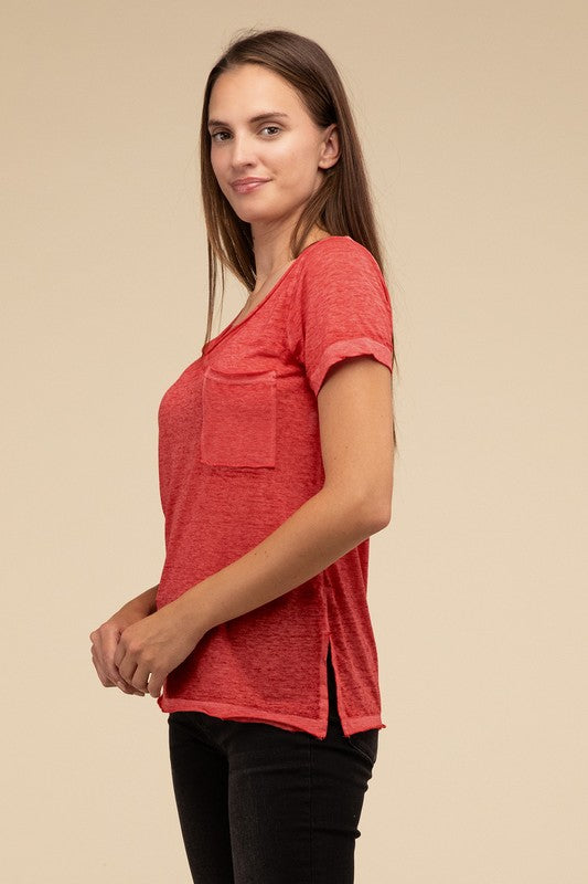 Washed Mélange Burnout Scoop V-Neck Top