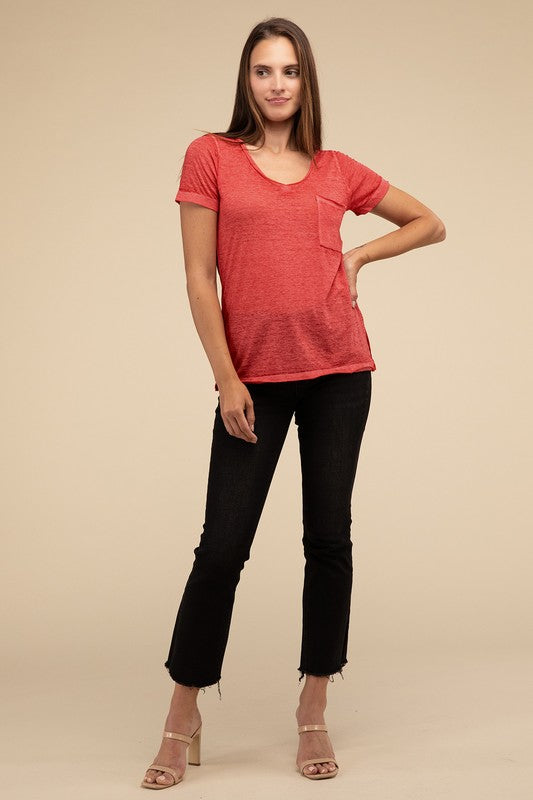 Washed Mélange Burnout Scoop V-Neck Top