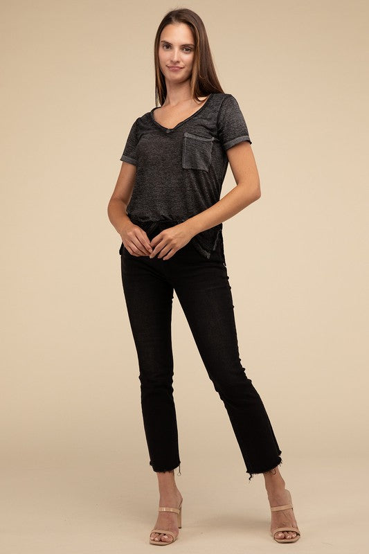 Washed Mélange Burnout Scoop V-Neck Top