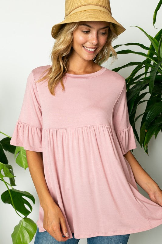 SOLID RUFFLE SLEEVE LOOSE FIT TOP