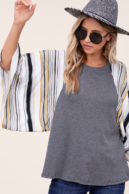 PLUS WAFFLE STRIPE MIX KIMONO TOP