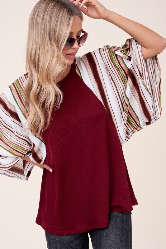 PLUS WAFFLE STRIPE MIX KIMONO TOP