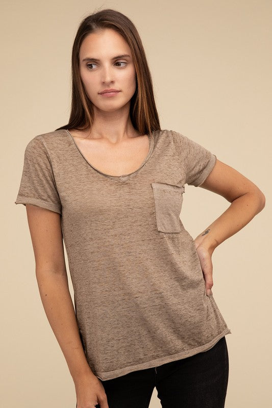 Washed Mélange Burnout Scoop V-Neck Top