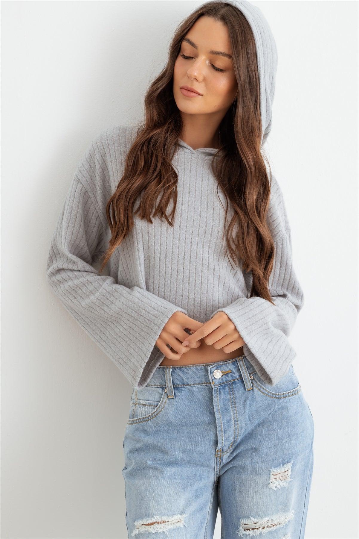 Light Gray Ribbed Bell Long Sleeve Hooded Crop Top