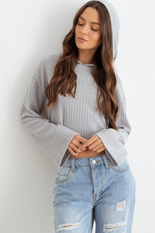 *SALE* Light Gray Ribbed Bell Long Sleeve Hooded Crop Top