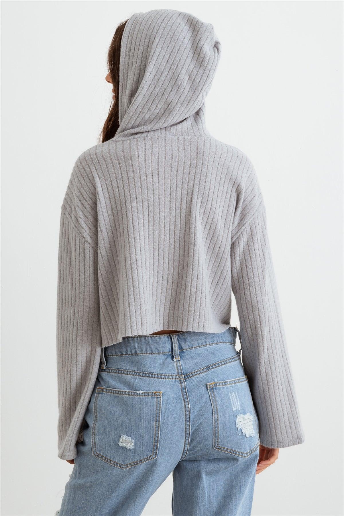 Light Gray Ribbed Bell Long Sleeve Hooded Crop Top