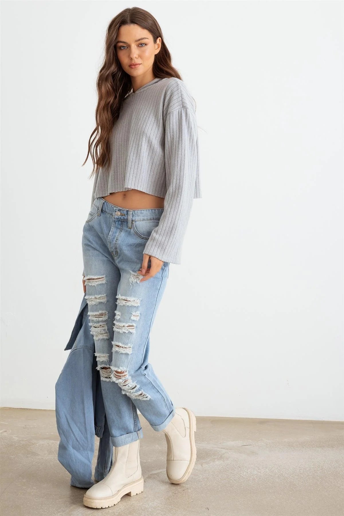 Light Gray Ribbed Bell Long Sleeve Hooded Crop Top