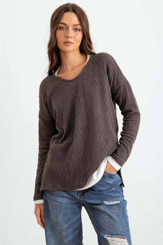 *SALE* Charcoal Knit Round Neck Long Sleeve Top