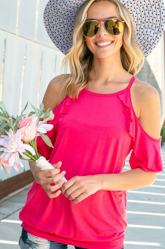 PLUS COLD SHOULDER RUFFLE SLEEVE TOP