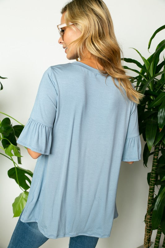 PLUS SOLID RUFFLE SLEEVE LOOSE TOP