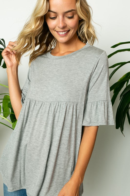 SOLID RUFFLE SLEEVE LOOSE FIT TOP