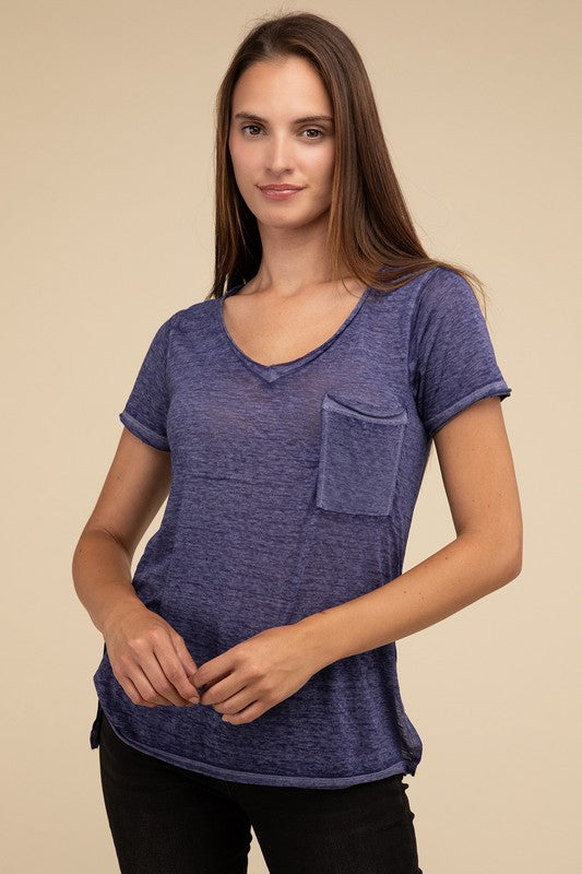 Washed Mélange Burnout Scoop V-Neck Top