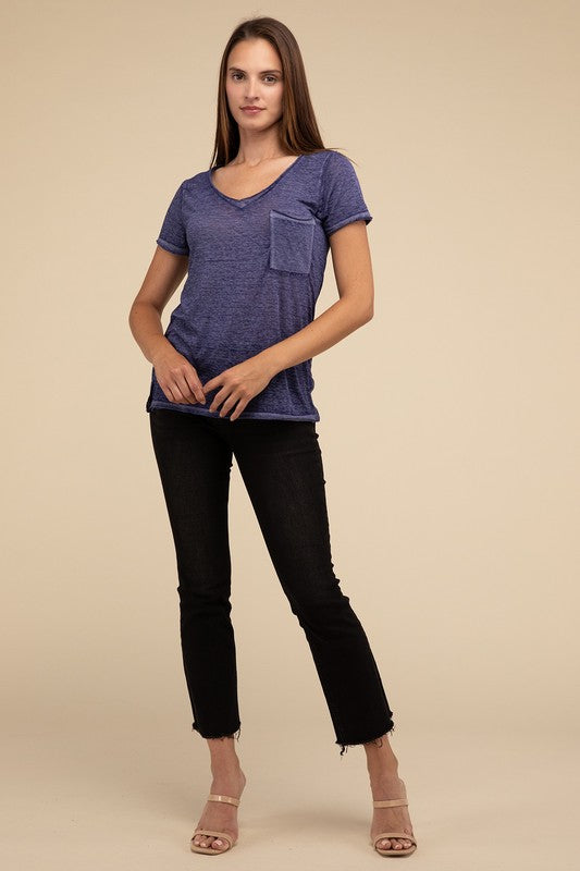 Washed Mélange Burnout Scoop V-Neck Top