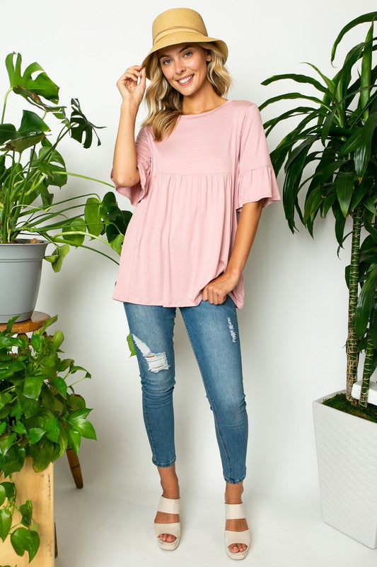 SOLID RUFFLE SLEEVE LOOSE FIT TOP