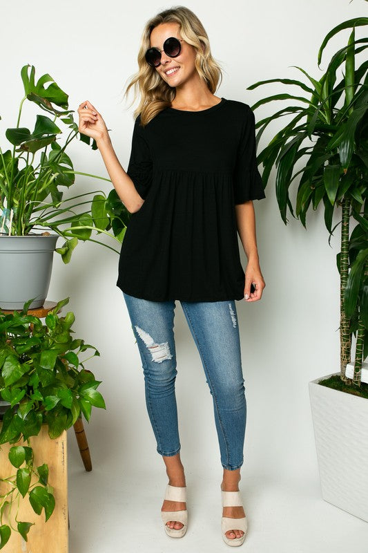 SOLID RUFFLE SLEEVE LOOSE FIT TOP