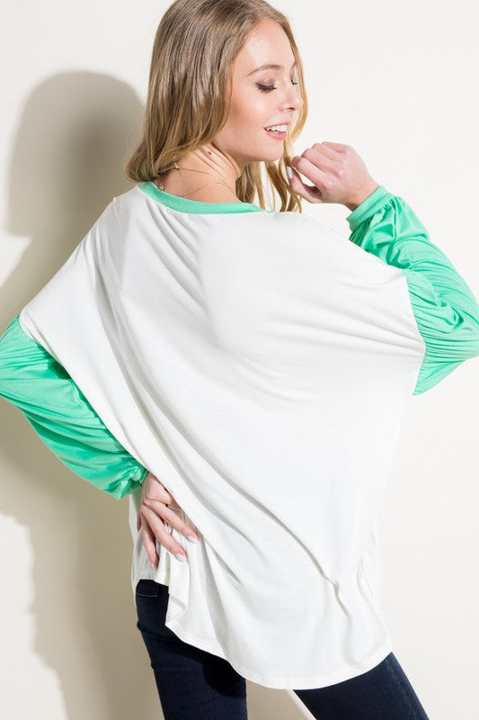 COLOR BLOCK VOLUME PUFF SLEEVE TOP