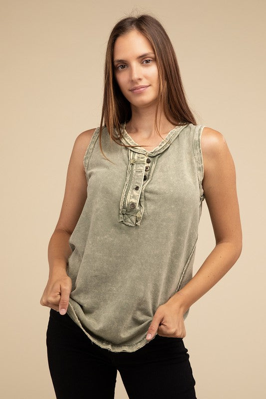 Washed Half-Button Raw Edge Sleeveless Henley Top