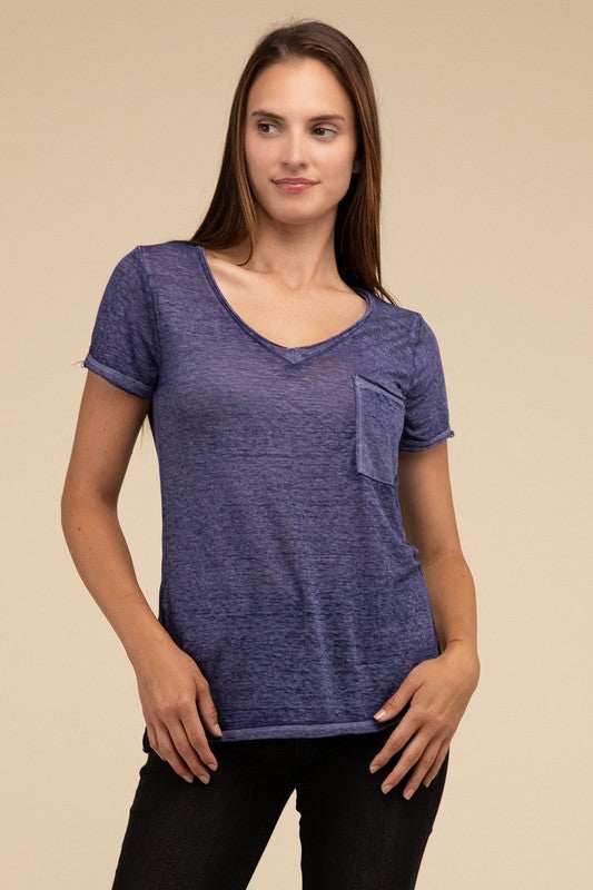 Washed Mélange Burnout Scoop V-Neck Top