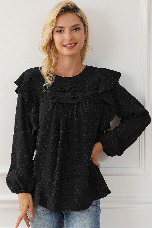 Women Eyelet Ruffle Shoulder Long Sleeve Blouse