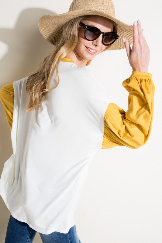 COLOR BLOCK VOLUME PUFF SLEEVE TOP