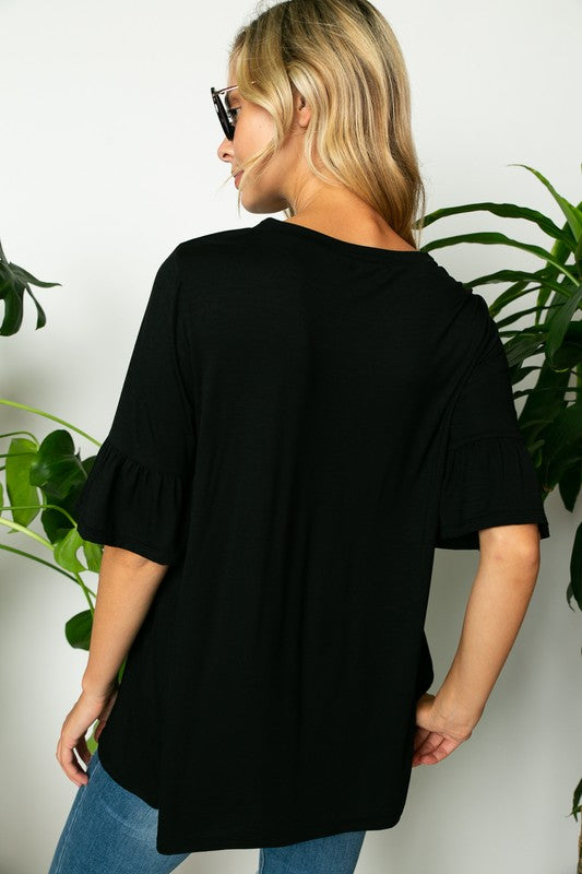 SOLID RUFFLE SLEEVE LOOSE FIT TOP