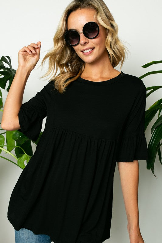 SOLID RUFFLE SLEEVE LOOSE FIT TOP