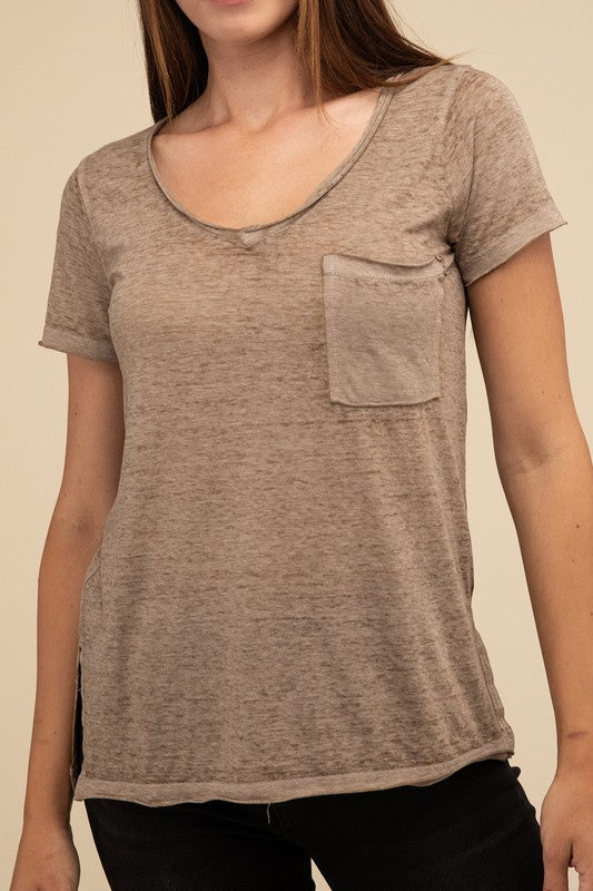 Washed Mélange Burnout Scoop V-Neck Top