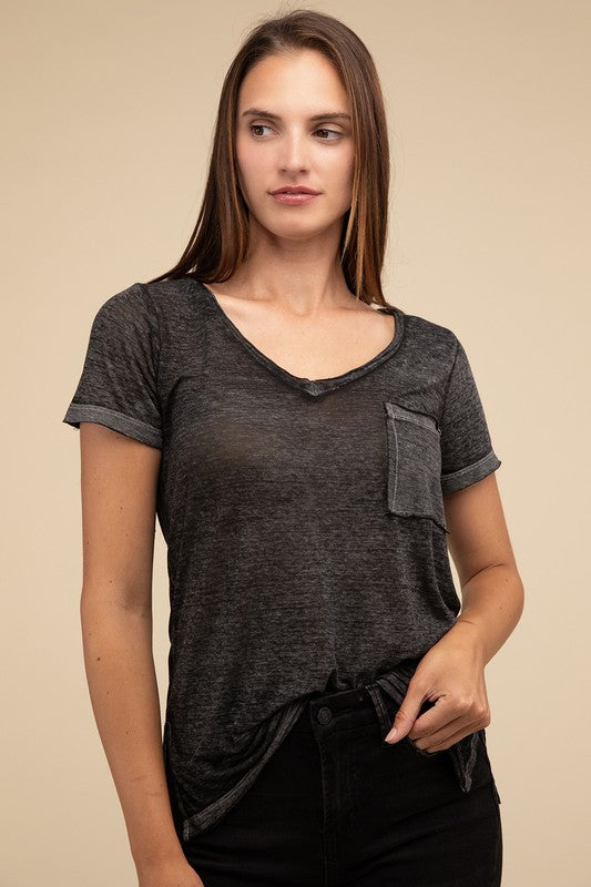 Washed Mélange Burnout Scoop V-Neck Top